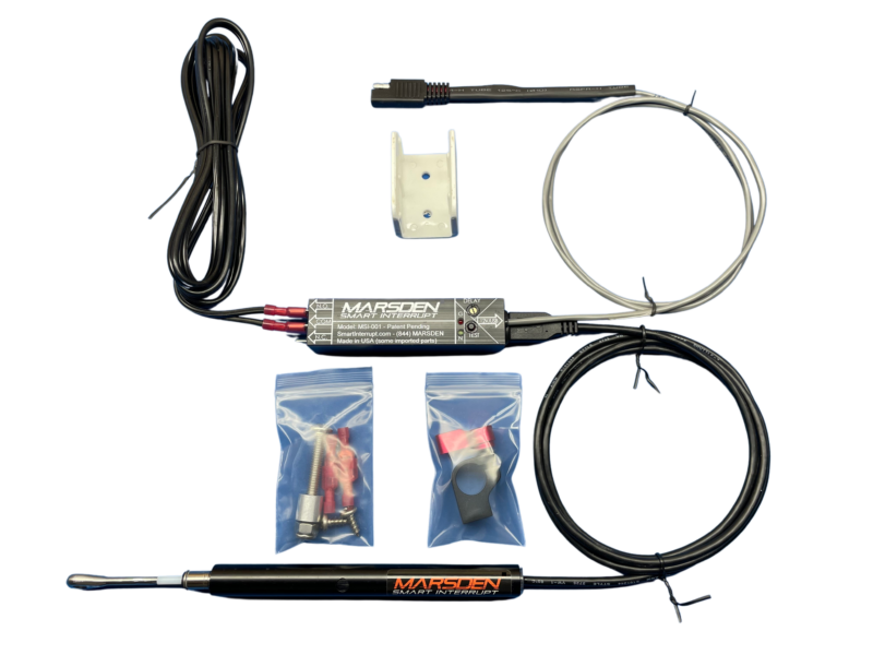 Marsden Smart Interrupt kit contents including sensor, control module, wiring, and mounting hardware